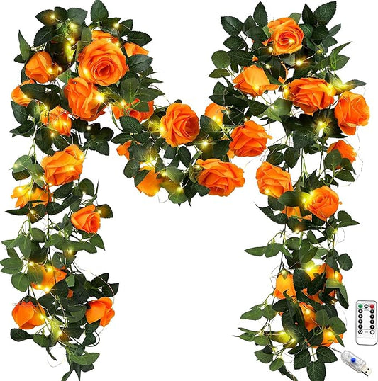 FiveSeasonStuff 29 Ft 4 Pack Mandarin Orange Rose Silk Flower Garland Artificial Flowers Decoration Hanging Floral with 66 feet String Lights
