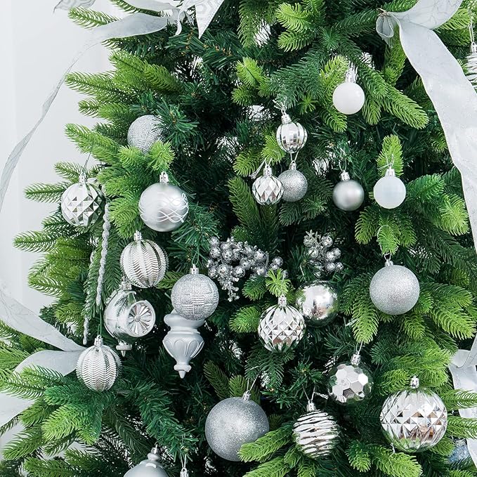XmasExp 99-Pack Christmas Ball Ornaments Assorted Shatterproof Christmas Tree Decorations with Hand-held Gift Package for Xmas Tree,Home,Party(Silver-White)