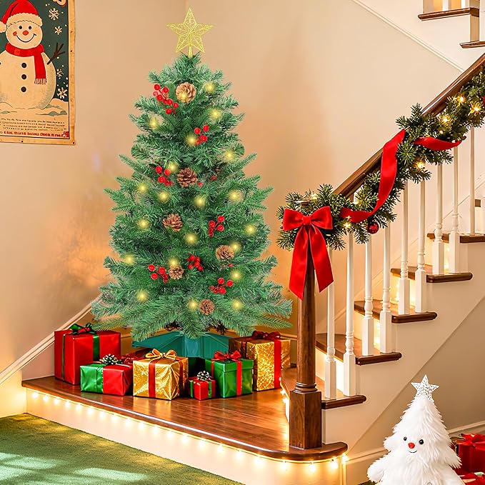 3 Ft Green Christmas Tree with Lights, Timer 8 Modes DIY 50 Warm White Lights Battery Operated Small Artifical Full Xmas Tree Pine Needles Cones Red Berry for Tabletop Home Indoor Holiday Party Decor