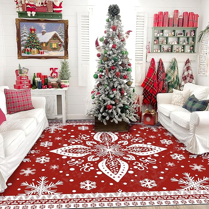 6' X 9' Christmas Rug Red Snowflake Area Rugs Washable for Kids Girls Women Floral Snowflake Carpet for Living Room Bedroom Nursery Dining Room Classroom Indoor Floor Mat