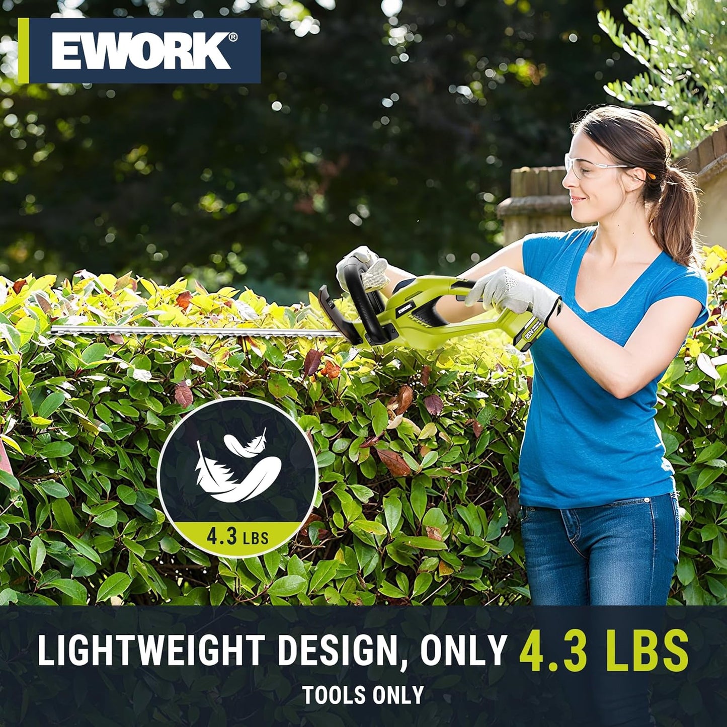 EWORK Hedge Trimmer Cordless 22-Inch Electric Bush Trimmer, 5/8" Cutting Capacity, 20V Battery Powered Lightweight Handheld Shrub Trimmers with Battery and Charger for Garden, Yard