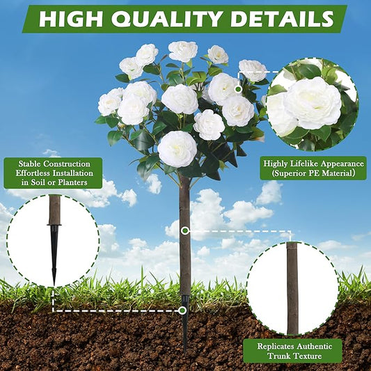 Sunnyglade 35.5" Set of 2 Artificial Camellia Tree, Faux White Camellia Flowers Plant with Spike Fake Silk Flora Topiary Plants Tree for Indoor, Garden, Yard, Porch, Patio Decoration