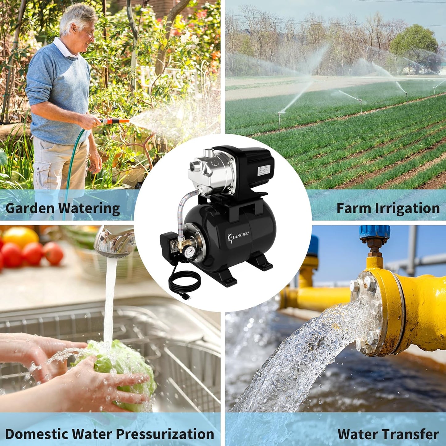 LANCHEZ 1.6HP Shallow Well Pump with Pressure Tank, 1340GPH Automatic Irrigation Water Booster Jet Pump, 115V Stainless Steel Water Transfer Pump for Home Garden Lawn Sprinkler Irrigation