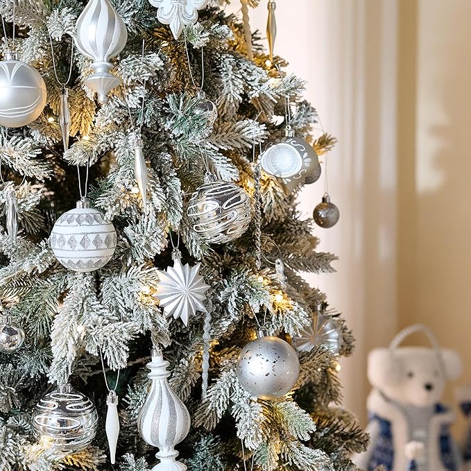 Valery Madelyn Fall Ornaments for Christmas Trees, 60ct White and Silver Shatterproof Christmas Tree Decorations, Luxury Hanging Ball Ornaments Bulk for Thanksgiving Autumn Harvest Decor