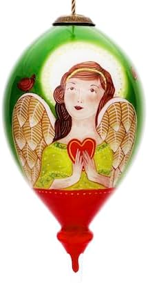 Angel of Peace Hand-Painted Glass Ornament – Green & Red Teardrop with Angel Holding Heart and “Peace and Joy Be with You” Message – Inspirational Christmas Keepsake