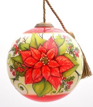 Poinsettia Ornament – Hand-Painted Glass Christmas Ornament – Classic Red Poinsettia Holiday Ball – Poinsettia Ornaments for Christmas Tree – Floral Christmas Decoration