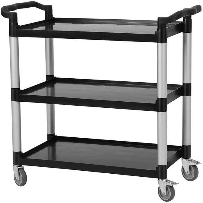 3-Shelf Heavy Duty Rolling Utility Cart 360 Lbs Capacity – 42" Wx20 Dx39 H Black Cart with Lockable 360° Swivel Wheels | Easy Maneuverability for Restaurant, Foodservice & Cleaning