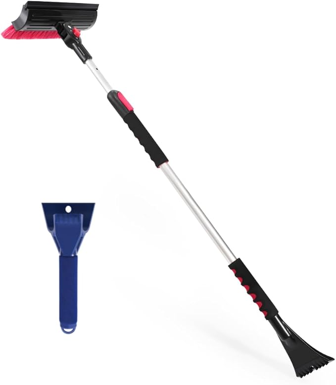 POWERJET 39”- 61” 3-1 Pivot Long Snow Brush with Ice Scrapper (C80000), Window Squeegee, Snow Broom Head, Pin Lock Telescopic with Soft EVA Grip, Ice Scraper Combo, Cars, SUVs