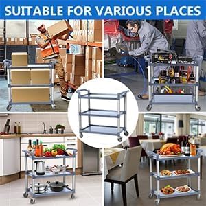 Utility Service Cart 3 Shelf, Rolling Push Cart with Brake Wheel, Plastic Heavy Duty 3-Tier Food Service Cart for Office, Warehouse, Garage, Restaurant, Cleaning, 360lbs Capacity, Gray