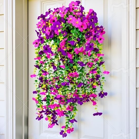 2 Packs Artificial Hanging Fake Flowers for Outdoors UV Fade Resistant Plastic Faux Plants Outside 30 inch 132 Stems Daisy Eucalyptus for Gardens Patio Porch Yard Indoor Home Decorations