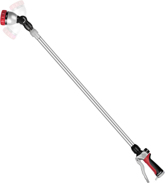 RESTMO Metal Watering Wand, 36”-60” Long Telescopic Tube | 180° Adjustable Ratcheting Head | 7 Spray Patterns | Flow Control, Perfect Garden Hose Sprayer to Water Hanging Baskets, Shrubs, Red