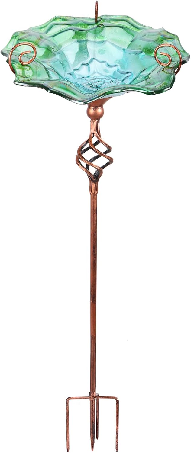 VCUTEKA Bird Bath Glass Outdoor Birdbaths Garden Yard Decor Bird Feeder with Metal Stake Green