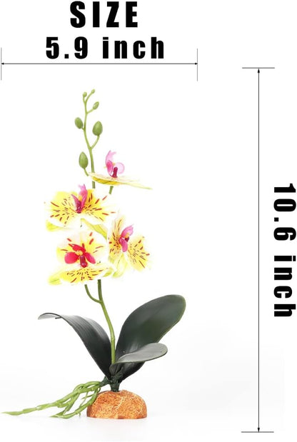 Fake Orchids Artificial Flowers, Reptile Terrarium Decor Plants, Bearded Dragon Tank Habitat Accessories fit Crested Gecko Leopard Lizard Chameleon Ball Python Snake Frog - White
