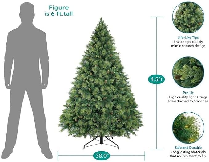 Naomi Home 4.5ft Christmas Tree with Lights, Realistic Traditional Prelit with Pine Cones, Foot Pedal 561 Branch Tips, 300 Warm Lights and Metal Stand, Aritificial Tree