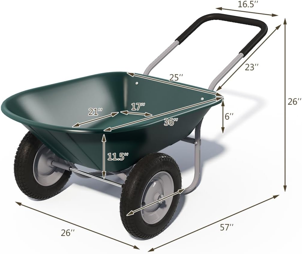 ARNOT Enlarged Dual-Wheel Wheelbarrow, Easy Loading and Dumping Garden Cart, Heavy Duty Utility Dump Cart for Lawn, Yard, Farm, Gardening & Planting, Green