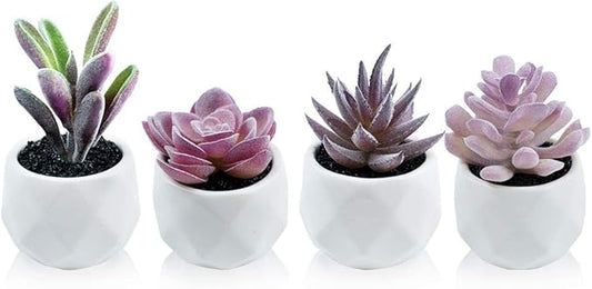 Tiita Purple Artificial Faux Succulents in Pots, Mini Purple Fake Plants for Women Desk, Small Realistic Faux Succulents for Home Office Accessories Window Sill Bathroom Bedroom 4 Set
