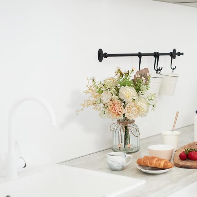 LESING Fake Artificial Flowers with Vase Faux Silk Flower Bouquet in Glass Vase Rose Floral Arrangements Flower for Home Office Decoration, Dining Table Centerpiece (White)