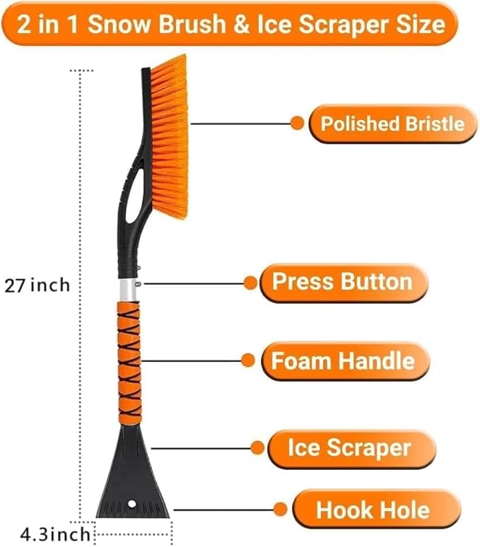 Snow Brush & Ice Scraper, 27 Inch, Ice Scrapers for Car Windshield, Detachable Snow Removal Tool with Ergonomic Foam Grip for Cars, Trucks, Suvs (Heavy Duty Abs, PVC Brush)