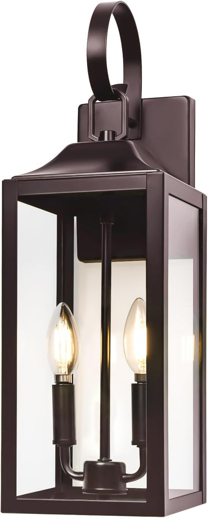 19" Oil Rubbed Bronze Outdoor Wall Lantern 2-Light, Large Modern Wall Sconce Light Fixture, Brown Porch Light with Glass, Waterproof Farmhouse Exterior Lamp Lighting