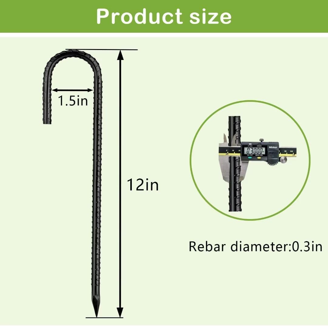 Rebar-Stakes-12-Inch, Ground Stakes Heavy Duty J-Hook Black Coated Anti-Rust Heavy Duty Ground Anchors for Garden Dog Fence Chicken Coop Christmas Decorations Deer Fence 4pcs