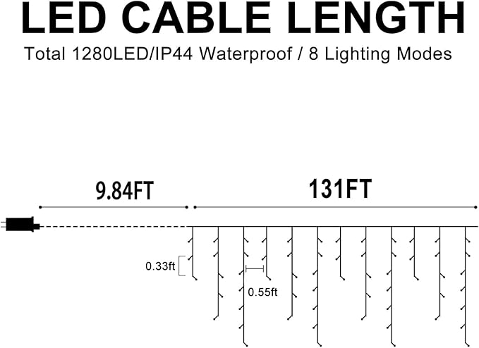 Heceltt Christmas Lights Outdoor, 1280 LED 131FT Ice Lights for Outside, 8 Modes Plug in 240 Drops Ice String Light with Timer Memory Function Hanging Light for Christmas Decor(Multicolor)