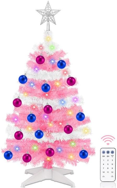 [ Timer & 12 Modes ] 3 Ft Pink & White Valentines Christmas Tree with 50 Warm White&Color Lights 20 Ball Ornaments 3D Star Battery Operated Remote Small Valentines Tree Valentines Day Decorations