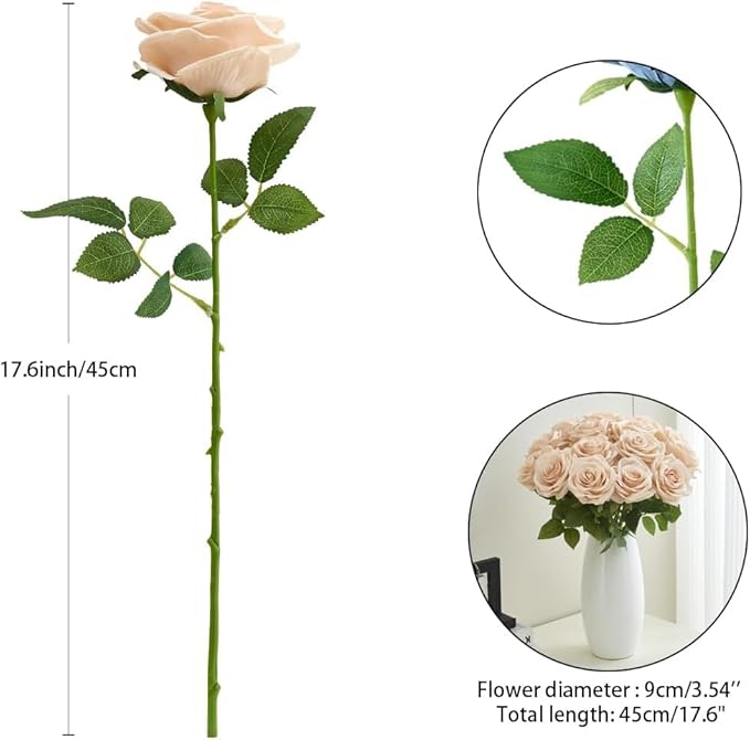 50Pcs Champagne Roses Artificial Flowers Artificial Silk Roses Bulk,Fake Roses Flower with Stems Realistic Flowers for Wedding Centerpiece Home Party Decor