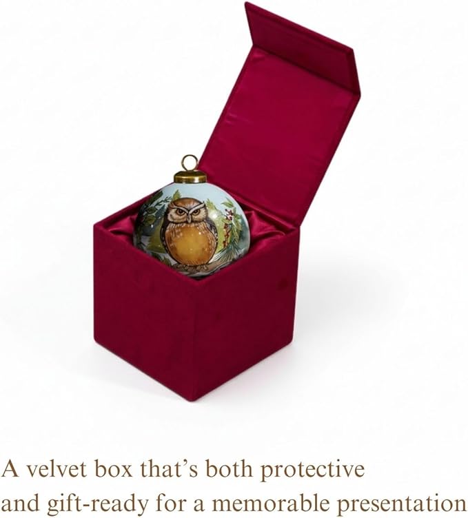 Glass Owl Ornament – Woodland Forest Bird Collectible with Evergreen Tree – Winter Wildlife Christmas Decoration – Unique Owl Gift for Nature Lovers – 3” Reverse-Painted Ornament with Gift Box