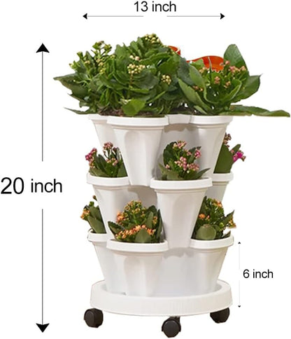 Strawberry Vertical Planter, Stacking Garden Tower, 3 Tiered Stackable Herb Vegetable Planters with Movable Casters and Bottom Saucer Indoor and Outdoor - Black