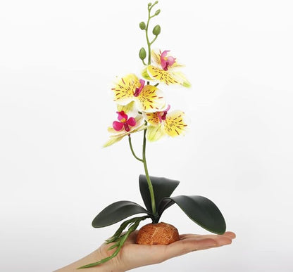 Fake Orchids Artificial Flowers, Reptile Terrarium Decor Plants, Bearded Dragon Tank Habitat Accessories fit Crested Gecko Leopard Lizard Chameleon Ball Python Snake Frog - White