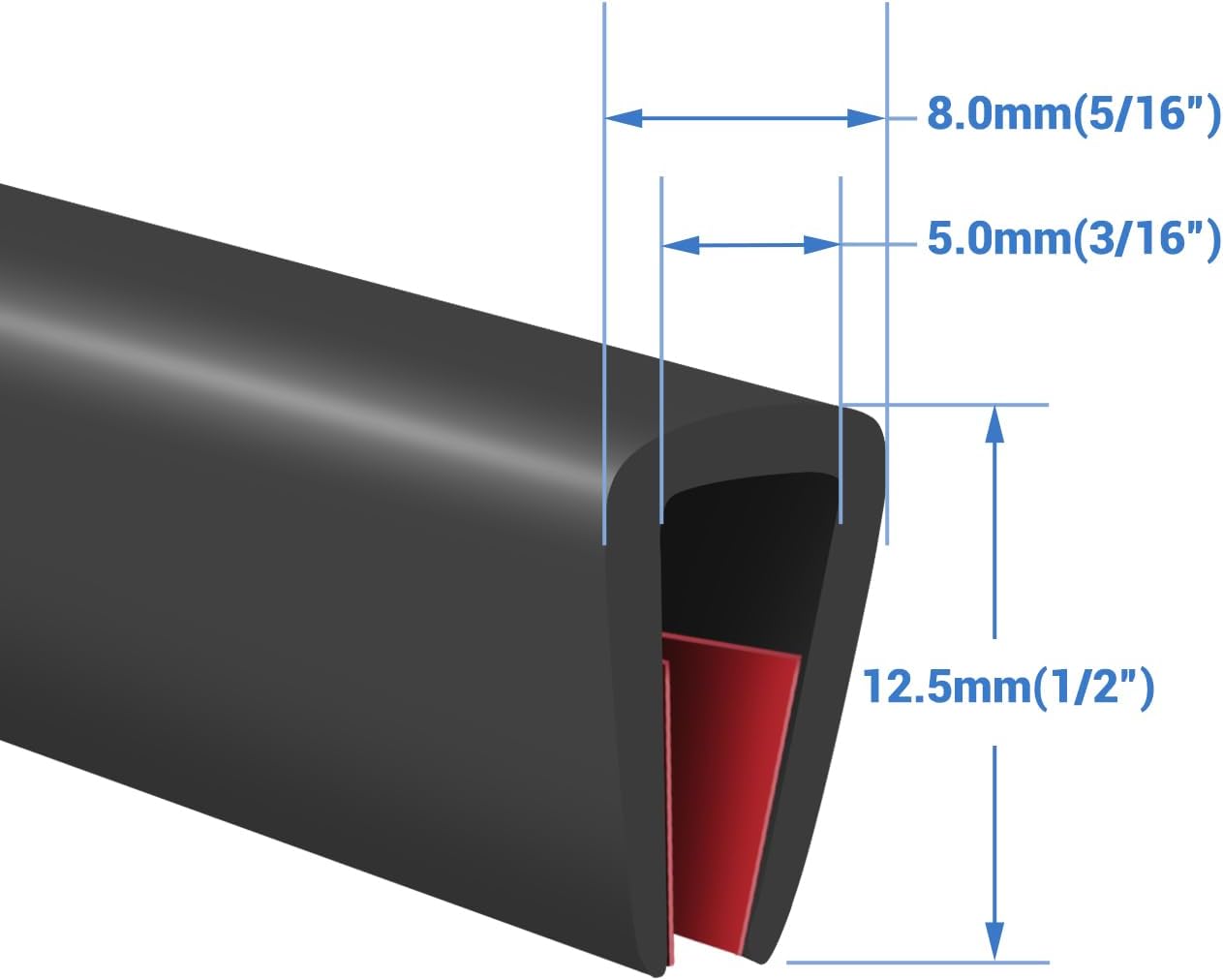 Rubber Edge Trim, Self-Adhesive U Channel Edge Trim, U Shaped Edge Protector for Glass, Mirror, Flexiglass, EPDM Material, Slot Width 3/16"(5mm), Length 10 Ft, Black