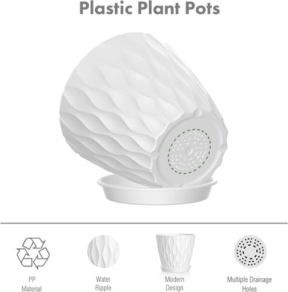 6 inch Flower Pots, 5 Pack Plant Pots for Indoor Outdoor Plants, Water Ripples Plastic Planters with Drainage Holes and Saucers, Nursery Pots for Small Succulent Garden House Plants, White