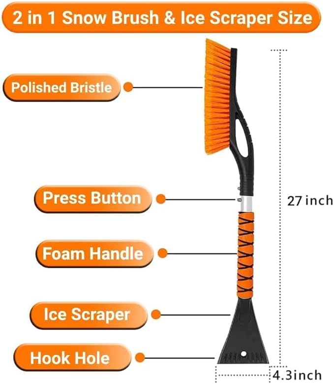 Snow Brush & Ice Scraper, 27'', Ice Scrapers for Car Windshield, Detachable Snow Removal Tool with Ergonomic Foam Grip for Cars, Suvs, Trucks