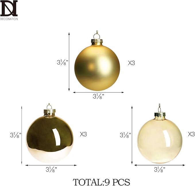 DN DECONATION Gold Glass Christmas Ornaments, Set of 9, 3.15' Hanging Christmas Baubles for Xmas Tree Decoration, Wedding Party Gift