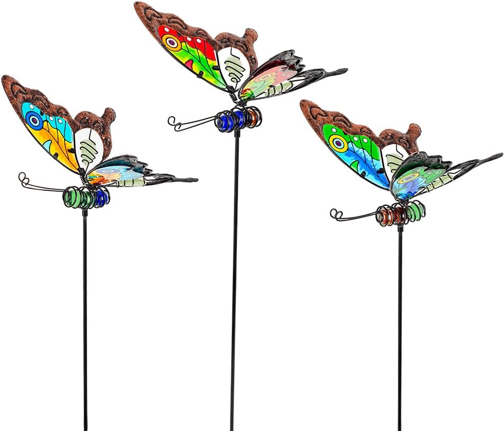 Butterfly Garden Decor for Outside,3 Pack Garden Stakes Decorative Stained Glass Butterfly Decoration Porch Yard Art Outdoor and Garden