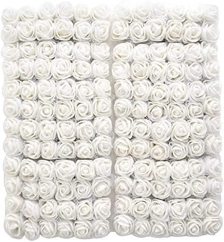 Mini Fake Rose Flower Heads 144pcs Mini Artificial Roses DIY Wedding Flowers Accessories Make Bridal Hair Clips Headbands Dress (Bottom add Gauze) White