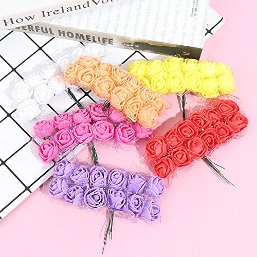 Mini Fake Rose Flower Heads 144pcs Mixed 12 Colors Mini Artificial Roses Bride Bouquet PE Foam DIY Party Festival Home Decor Rose Flowers Head Make Bridal Hair Clips Headbands Dress (Multicolor)