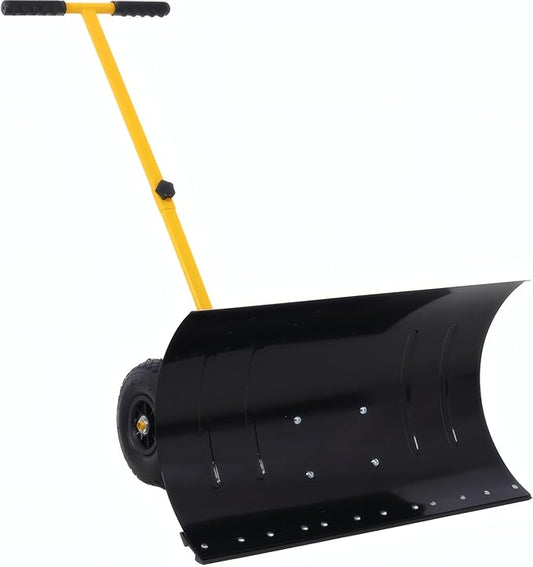 Snow Shovel with Wheels 29-Inchb Wide Blade Heavy-Duty Snow Pusher Ice Snow Removal Tools for Driveway Sidewalk Adjustable Handle and Angle Blade Yellow