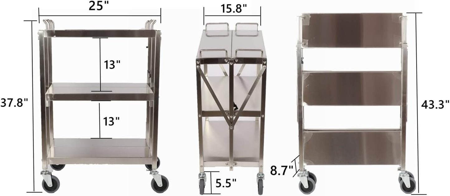 tonchean 3 Shelf Stainless Steel Folding Utility Cart, Collapsible Serving Cart with Wheels, 300lbs Commercial Kitchen Trolley Cart for Restaurant Hotels 25”L x 15.8”W x 37.8”H