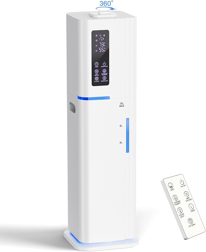 10L/2.64Gal Humidifiers for Bedroom, Top Fill Quiet Ultrasonic Cool Mist Humidifier Large Room, Covers 550ft², 60H Runtime, 24H Timer, 3 Mist Modes Humidifiers for Home, Office, Plants, White