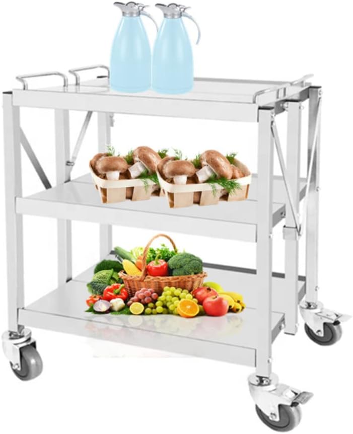 tonchean 3 Shelf Stainless Steel Folding Utility Cart, Collapsible Serving Cart with Wheels, 300lbs Commercial Kitchen Trolley Cart for Restaurant Hotels 25”L x 15.8”W x 37.8”H