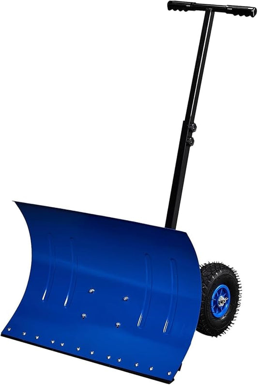 TUFFIOM Snow Pusher Shovel for Driveway with Wheels, 29"/39" Wide Heavy Duty Push Snow Plow Shovel, Wheeled Rolling Snow Shovels for Removal Adjustable Angle & Height Handle (Klein Blue(29 inch))