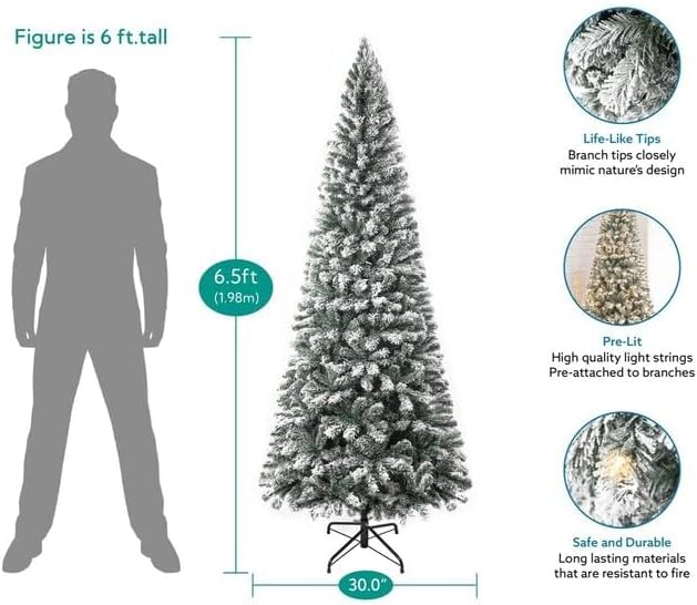 Naomi Home 6 5ft Slim Snow Flocked Christmas Tree with Lights Realistic Frosted Skinny Pencil Christmas Tree Prelit with 864 Branch Tips 250 Warm Lights and Metal Stand Aritificial