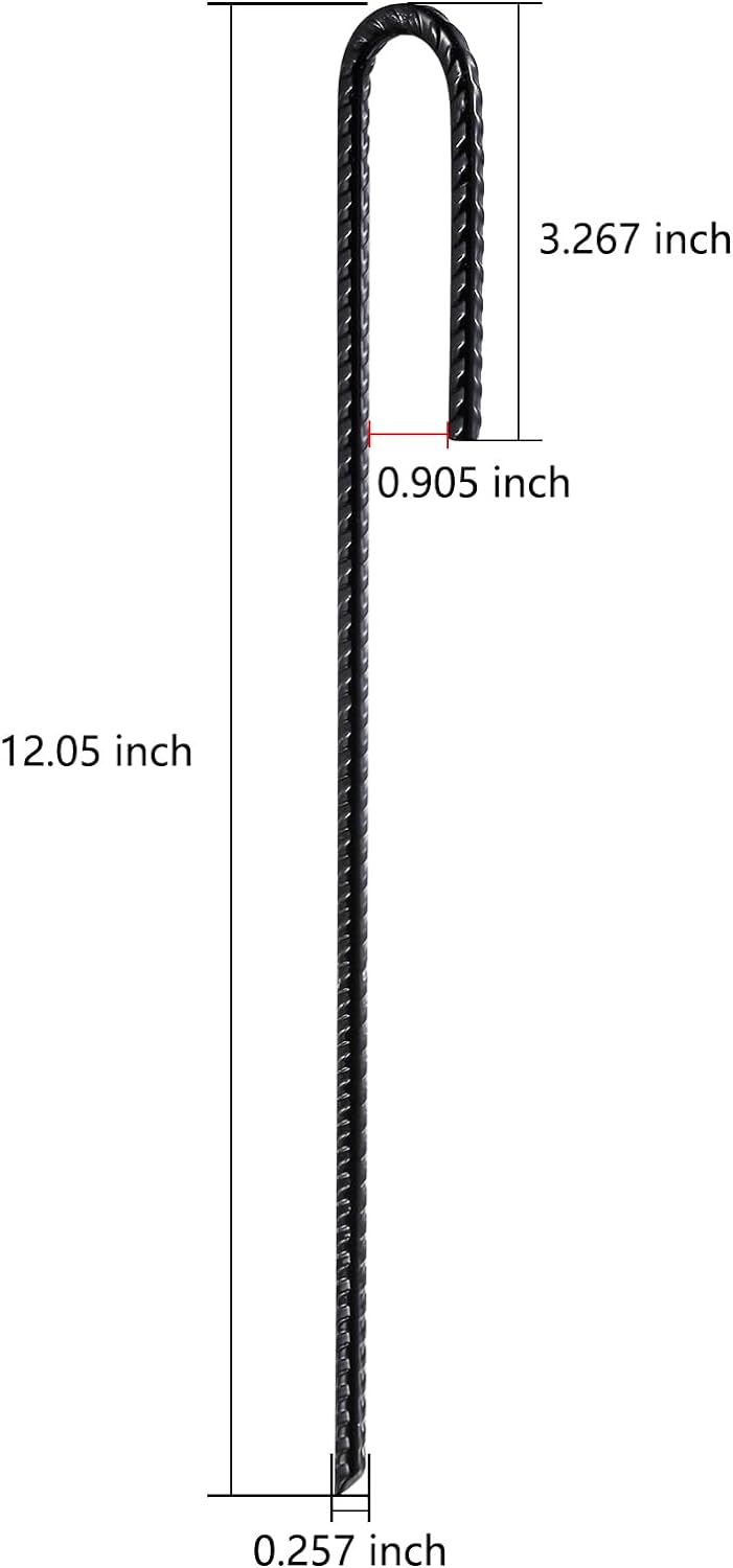 Rebar Stakes U/J Hook Extra Heavy Duty,(10pcs) 12 inch x 1/4 inch Rust Proof Coated Steel Ground Stakes Ground Anchors, Garden Stake Metal Stakes Tent Stakes Trampoline Anchors (J-Hook)