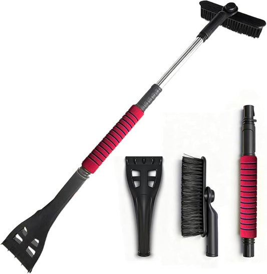 Ice Scraper and Snow Brush for Car, Lightweight 7" Brush Head & 33.5" Extendable Handle for Quick Windshield and Window Cleaning on SUV, Truck, Auto(Red)