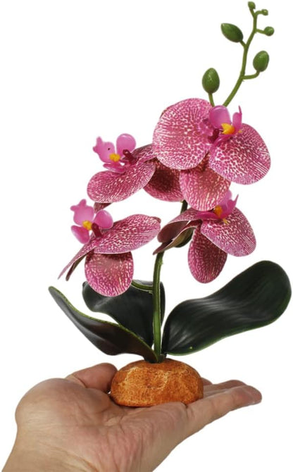 Fake Orchids Artificial Flowers, Reptile Terrarium Decor Plants, Bearded Dragon Tank Accessories fit Crested Gecko Leopard Lizard Chameleon Ball Python Snake Frog - Red