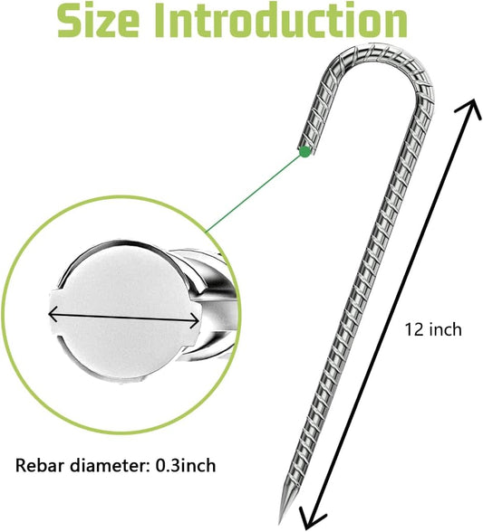 Rebar-Stakes-12-Inch, Ground Stakes Heavy Duty J-Hook Galvanized Anti-Rust Heavy Duty Ground Anchors for Garden Dog Fence Chicken Coop Christmas Decorations Deer Fence 4pcs