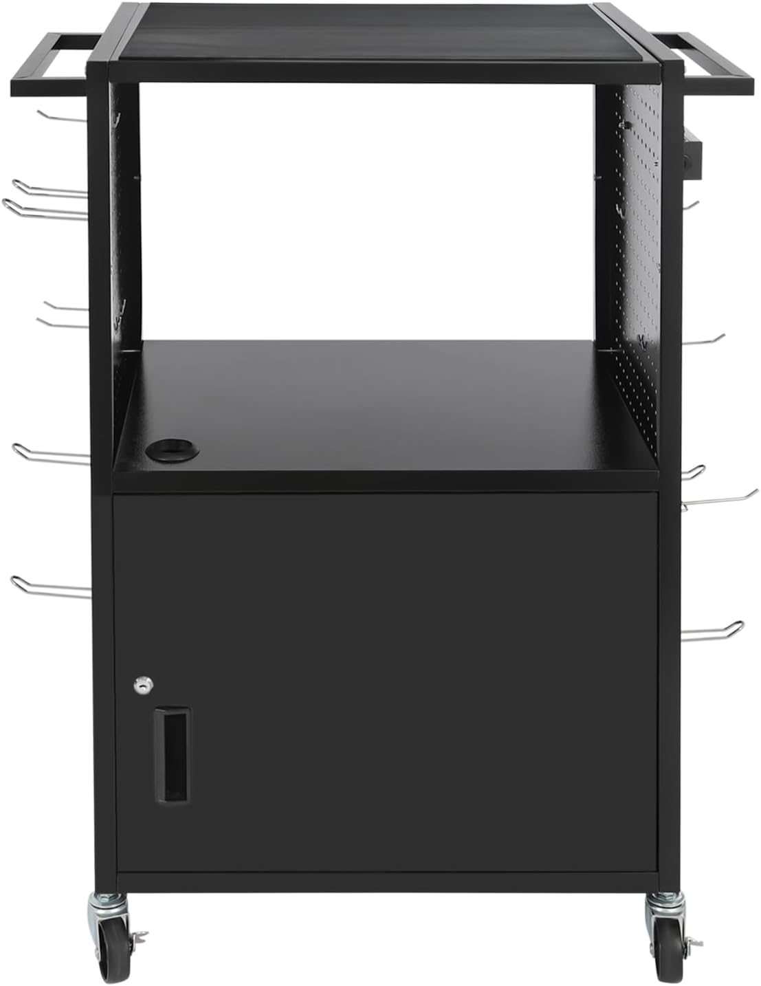 Computer Cart AV Cart, 3 Tiers Utility Media Cart with Wheel, Locking Cabinet, Power Strip and 264.55 lbs Load Capacity, Laptop Cart Mobile Workstation for Classroom Conference Room Black