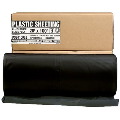 Aluf Plastics Black Plastic Sheeting - 20' x 100', 6 MIL Heavy Duty Gauge - Vapor and Moisture Barrier Sheet Tarp/Drop Cloth for Greenhouses, Painting, Furniture Covers, Carpet Cover, Floor, Paint
