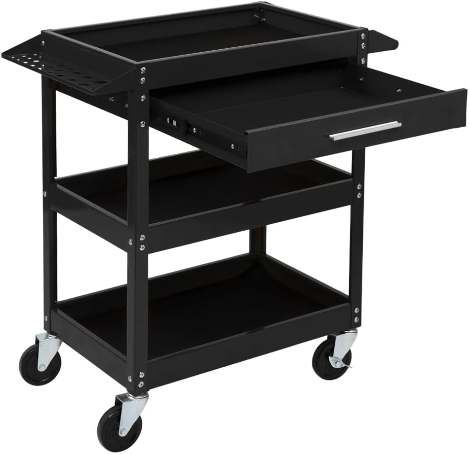 TUFFIOM 3 Tier Rolling Tool Cart with Drawer, Tool Service Cart on Wheels w/2 Brake, 330 LBS Capacity Industrial Heavy Duty Utility Cart, Tool Organizer for Mechanic, Garage, Warehouse & Repair Shop
